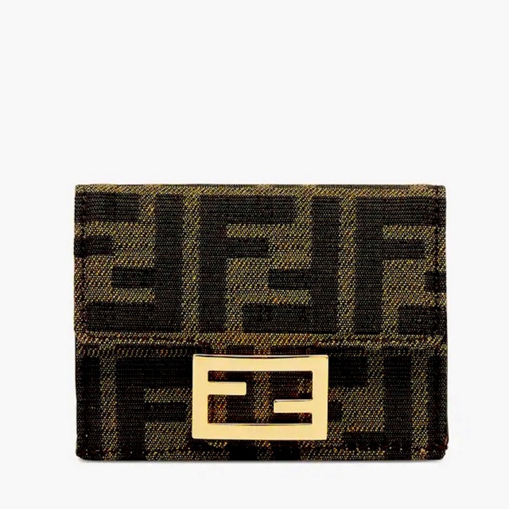 FENDI Brown Jacquard FF Zucca Logo Baguette Leather Small Tri-fold Flap Wallet